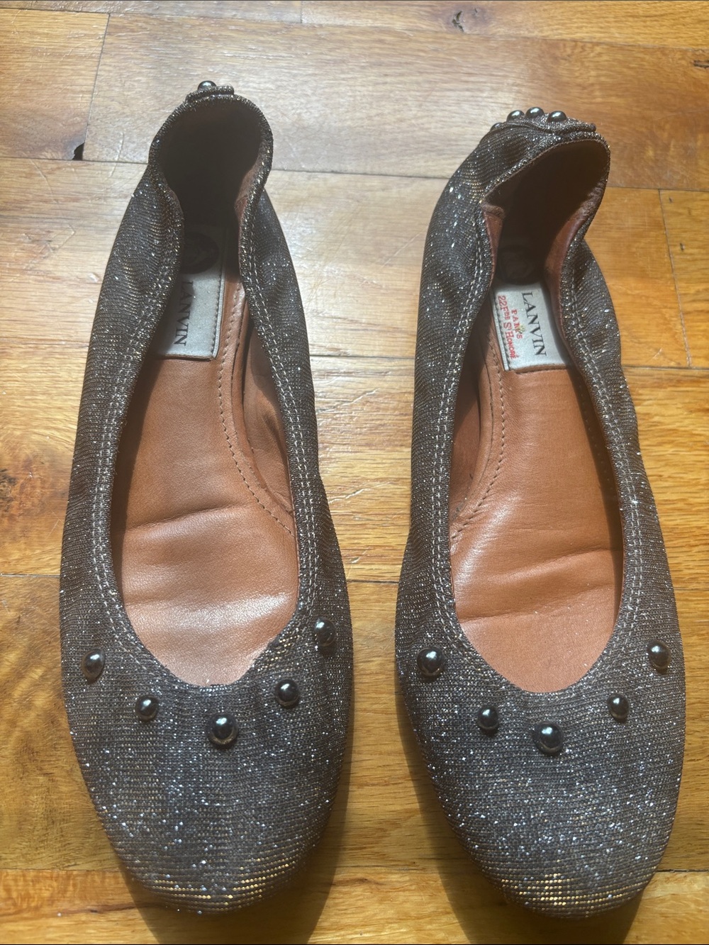 Lanvin Brown Glitter Studded Ballet Flats